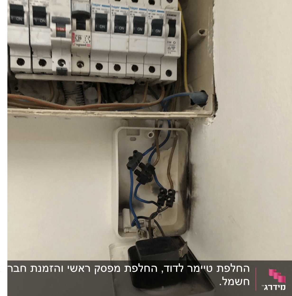 לוח חשמל עם מפסקים וחוטי חשמל חשופים